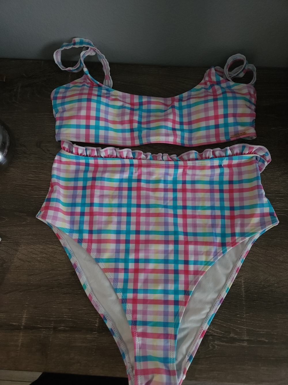 Wallflower Girls' Plaid Bikini in Pink, Blue, Yellow